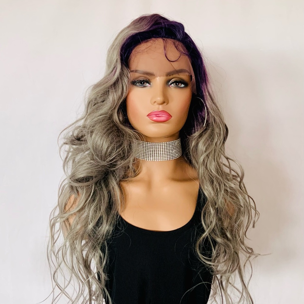 Gorgeous 28” Ombre Purple/Grey Oval Part Synthetic Wig